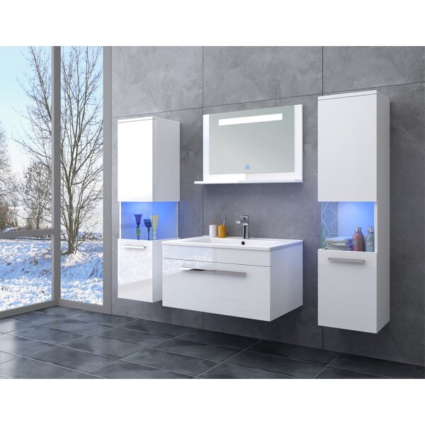 Badmöbel-Set | Badezimmermöbel | Badezimmer | 2 Händeschränke | Spiegel mit Ablage | Waschtisch | Unterschrank | Fronten Weiß | Korpus Weiß