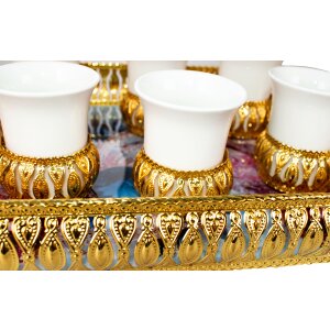 Türkisches Mokkatassen Set | Mokkatassen | Espressotassen | Kaffeetassen | mit Serviertablett | 7 teilig | Gold/Weiß