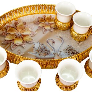 Türkisches Mokkatassen Set | Mokkatassen | Espressotassen | Kaffeetassen | mit Serviertablett Schwan Motiv | 7 teilig | Gold/Weiß