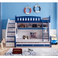 Kinder Etagenbett | Hochbett | Kinderbett | Funktionsbett | Mit Treppe | Mit Regal | Mit Schubfächer | 3 Schlafplätze | Blau/Weiß